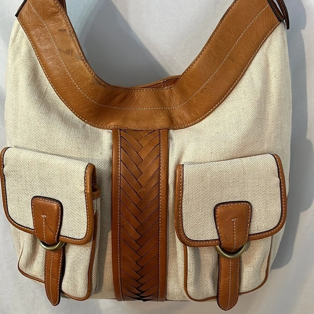 Cole Haan Vintage Stylish Tan Leather Cream Canvas Women's Bag Satchel Weekender